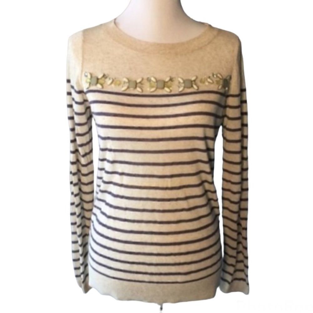 Ann Taylor Loft Beaded Beige Stripped Top Size M
